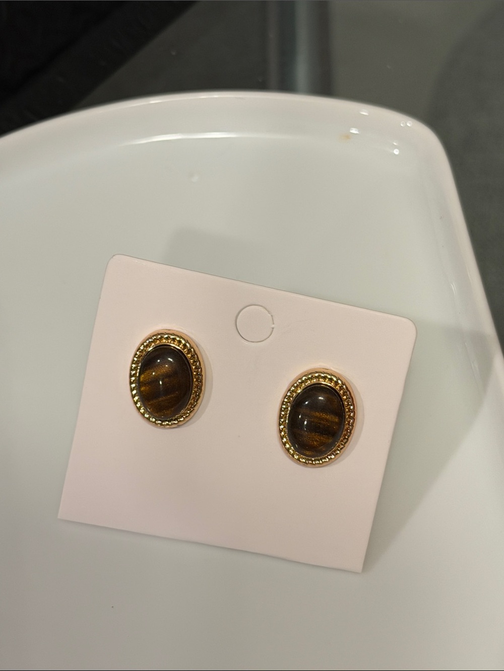 Gold-Tone Brown Tiger Eye Oval Stud Earrings